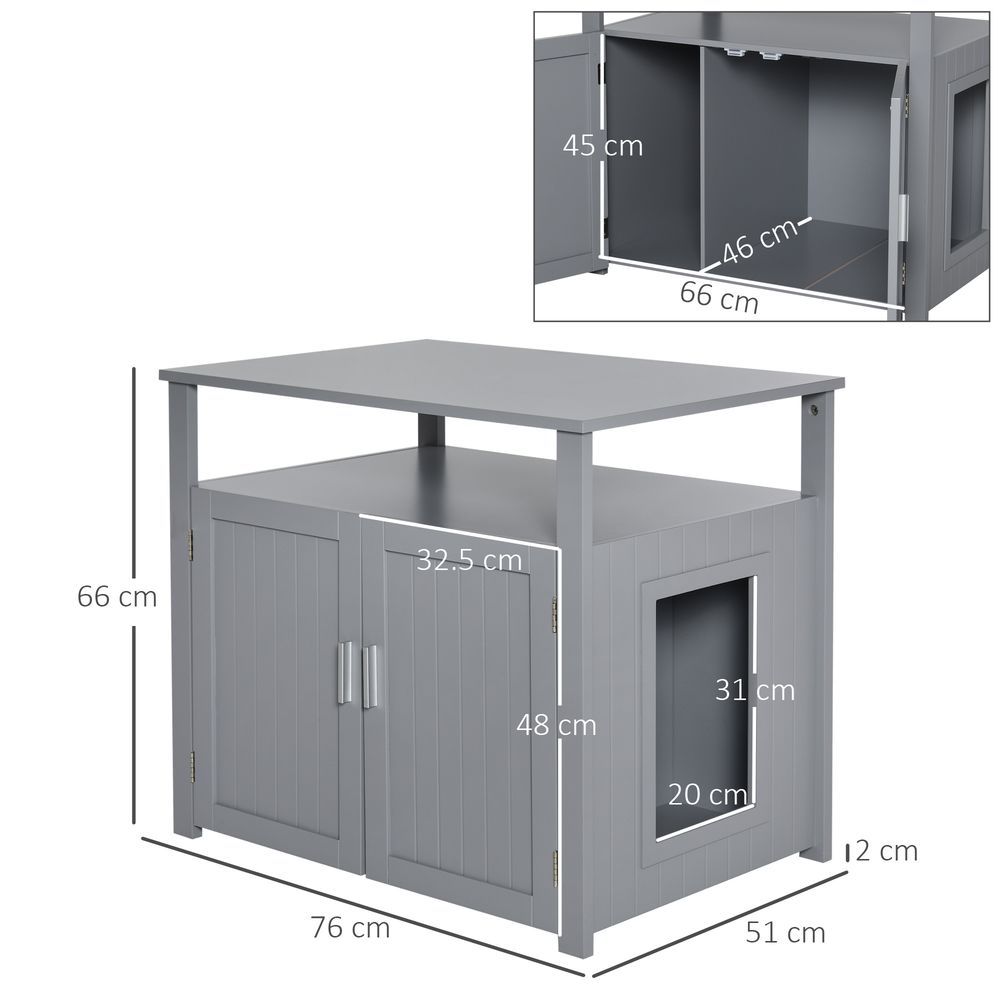 PawHut Wooden Cat Litter Box Enclosure with Adjustable Interior Wall & Storage Shelves - Grey