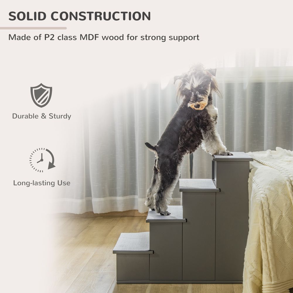 PawHut 4-Step Wooden Pet Stairs with Cushioned Steps - Grey