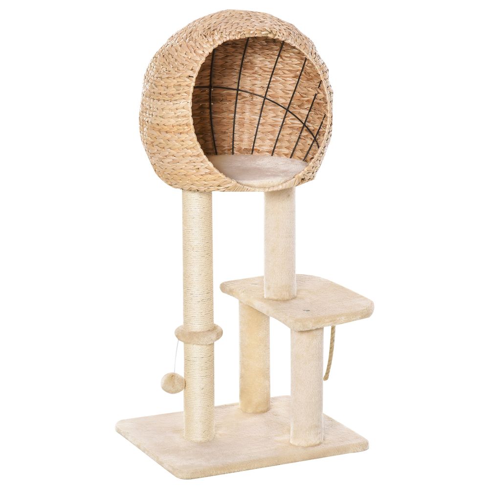 PawHut 100cm Cat Tree Tower with Scratching Post & Hideaway for Indoor Cats, Beige