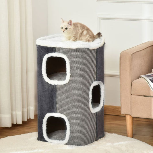 PawHut Cat Barrel Tower with Sisal Scratching Pads & Plush Perch - Grey & White, 74cm