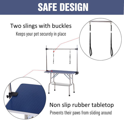 PawHut Adjustable Metal Dog Grooming Table with Non-Slip Rubber Top, Safety Slings & Mesh Tray, Blue