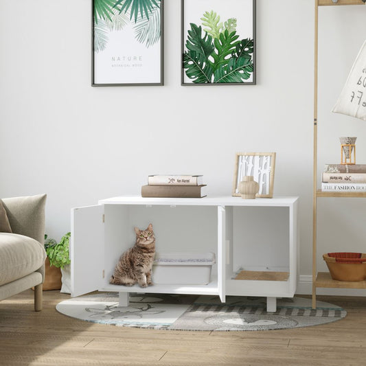 PawHut Cat Litter Box Enclosure & Pet House with Nightstand Design – White