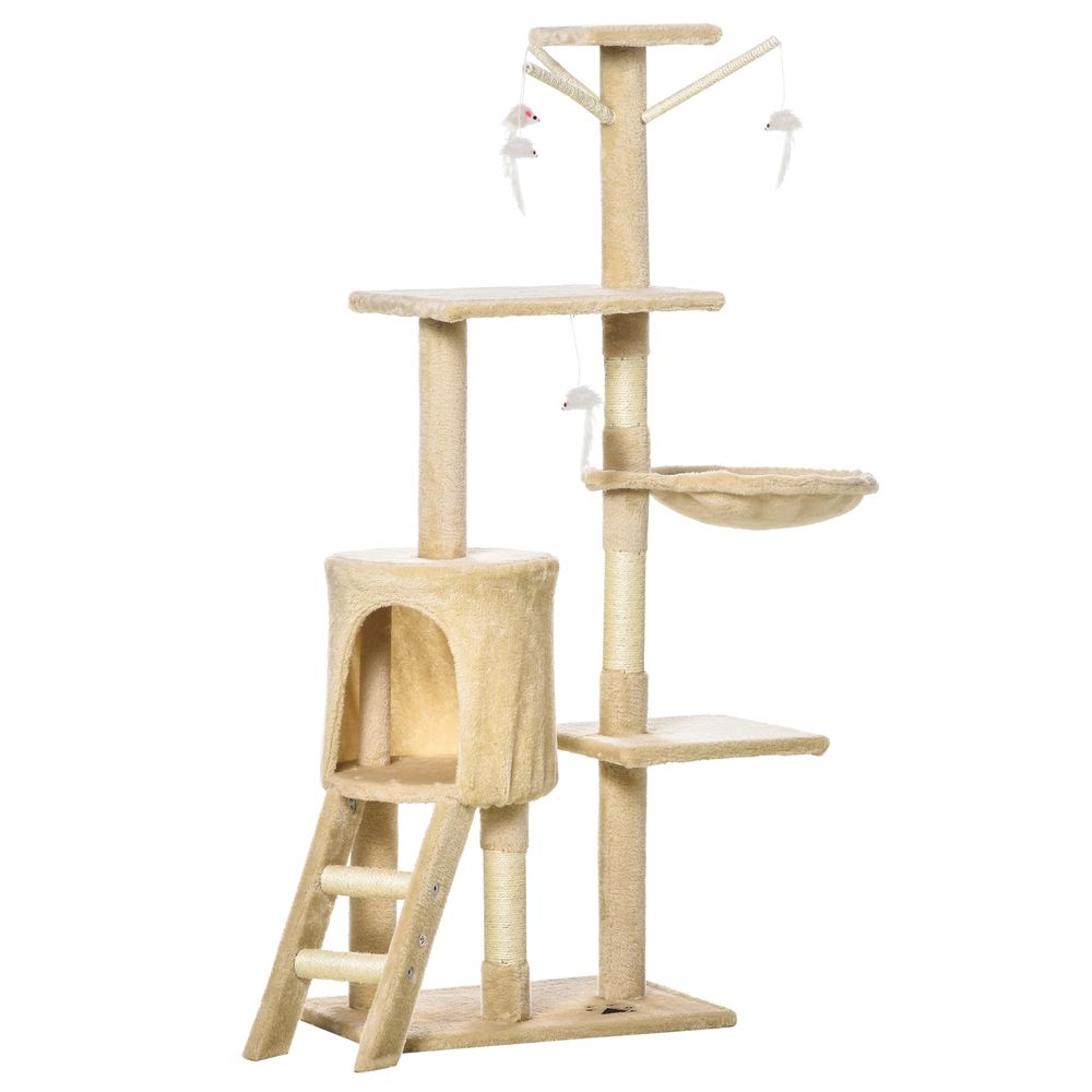 PawHut 131cm Cat Tree Activity Centre with House, Hammock, & Scratching Posts - Beige