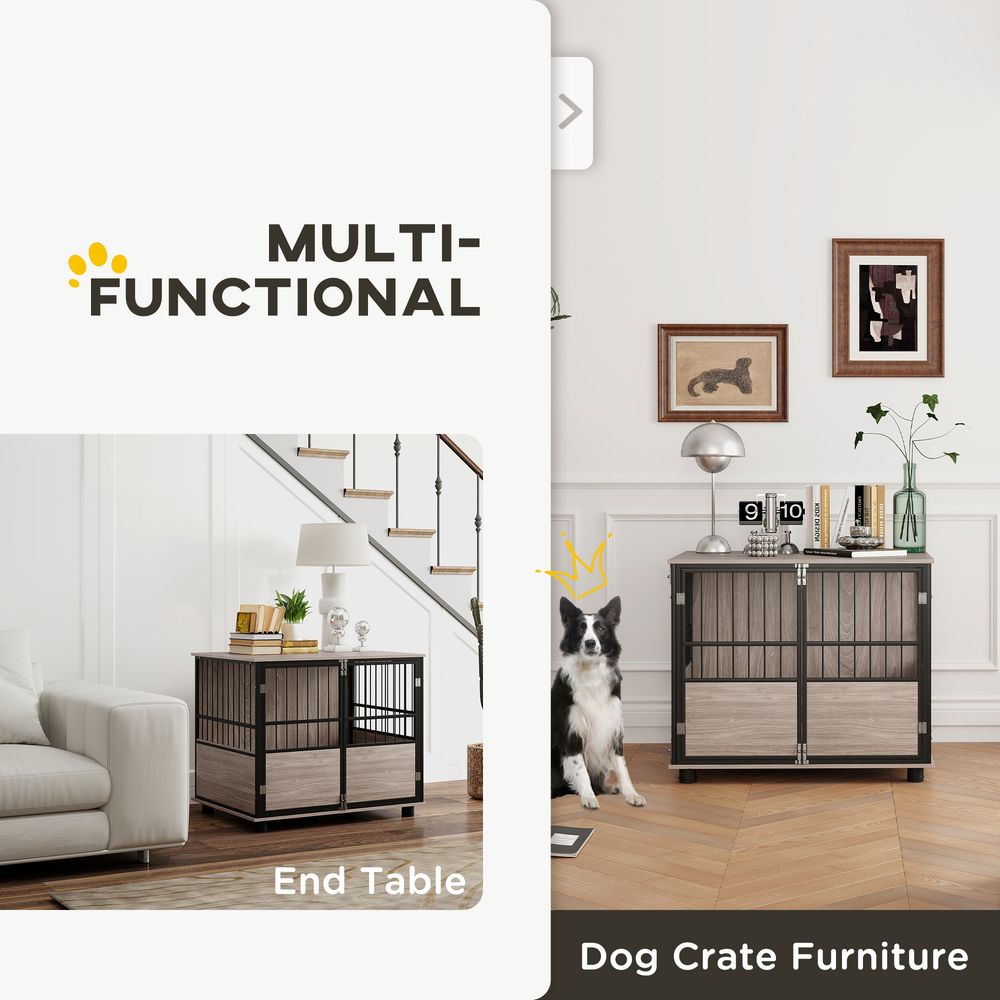 PawHut 80cm Dog Crate Furniture with Cushion & Doors - Side Table Design, Walnut Finish