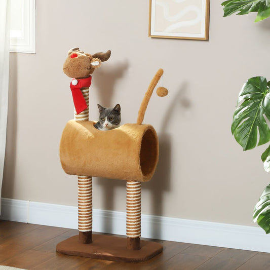 PawHut 98cm Deer-Themed Cat Tree Tower with Scratching Posts & Tunnel - Brown