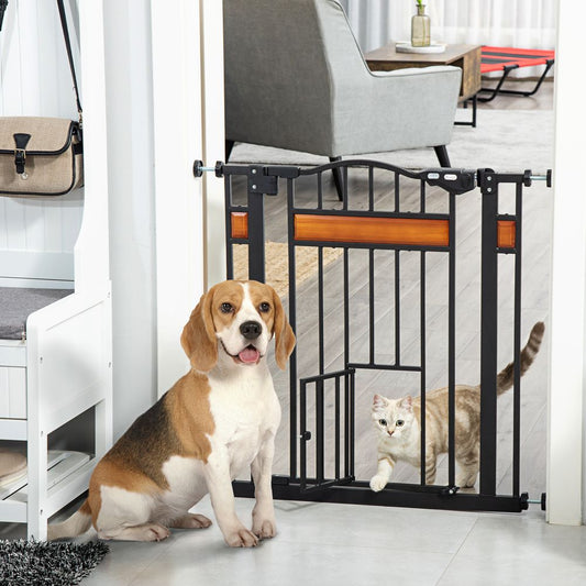 PawHut Dog Safety Gate with Auto-Close Door & Cat Door - Adjustable 74-80cm, Black