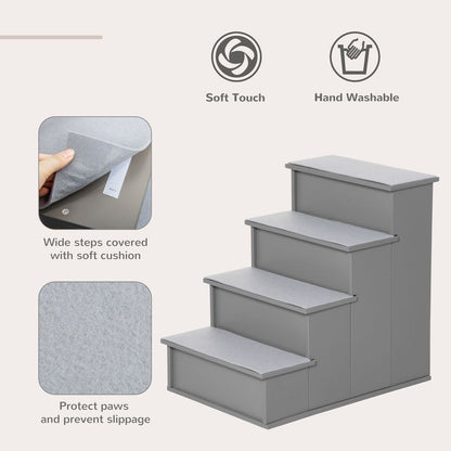 PawHut 4-Step Wooden Pet Stairs with Cushioned Steps - Grey