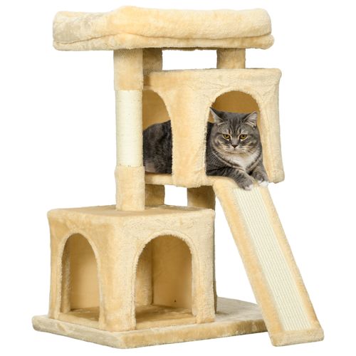 PawHut Cat Tree with Two Houses, Scratching Posts & Perch - Cream White