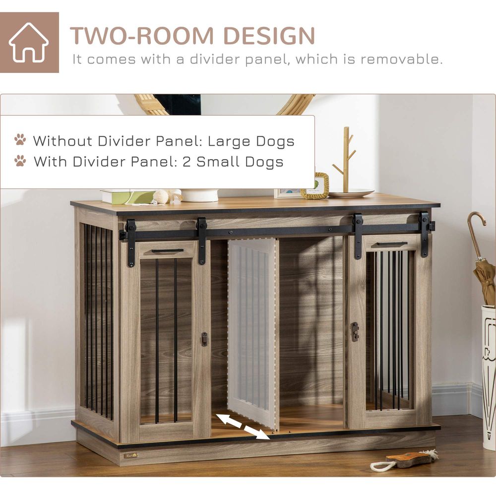 PawHut Dog Crate Furniture - Large Dog Cage with Divider & Side Table, Oak Tone