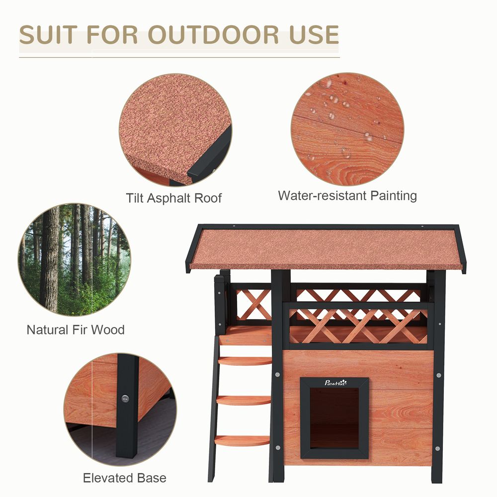 PawHut Outdoor Cat House with Balcony, Stairs & Roof - Brown