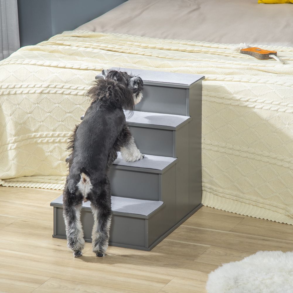 PawHut 4-Step Wooden Pet Stairs with Cushioned Steps - Grey