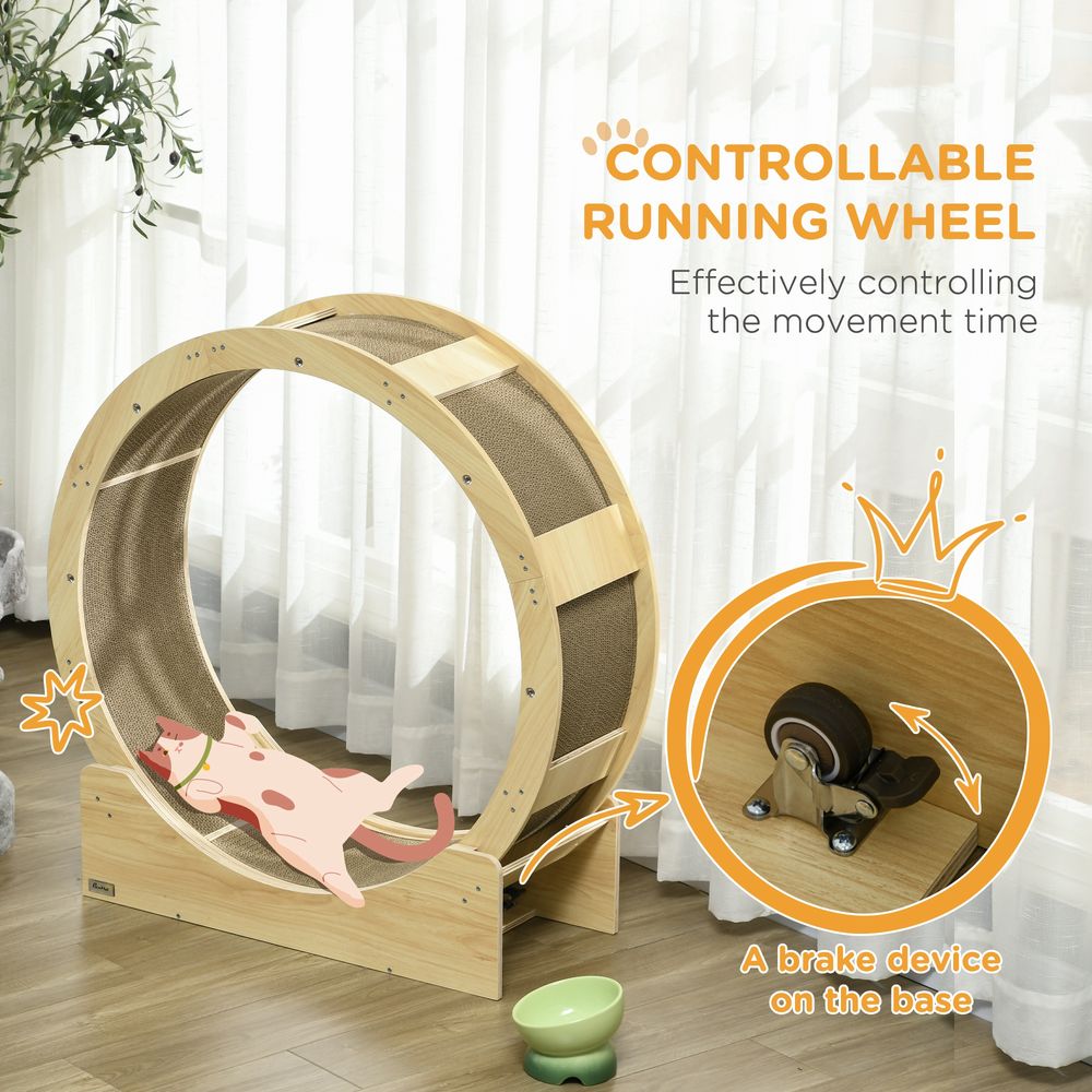 PawHut Cat Wheel with Brake and Scratching Pads - Oak Finish