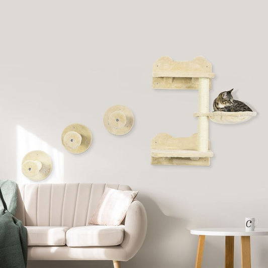 PawHut Wall-Mounted Cat Shelf with Scratching Post & Hammock - Beige & Cream