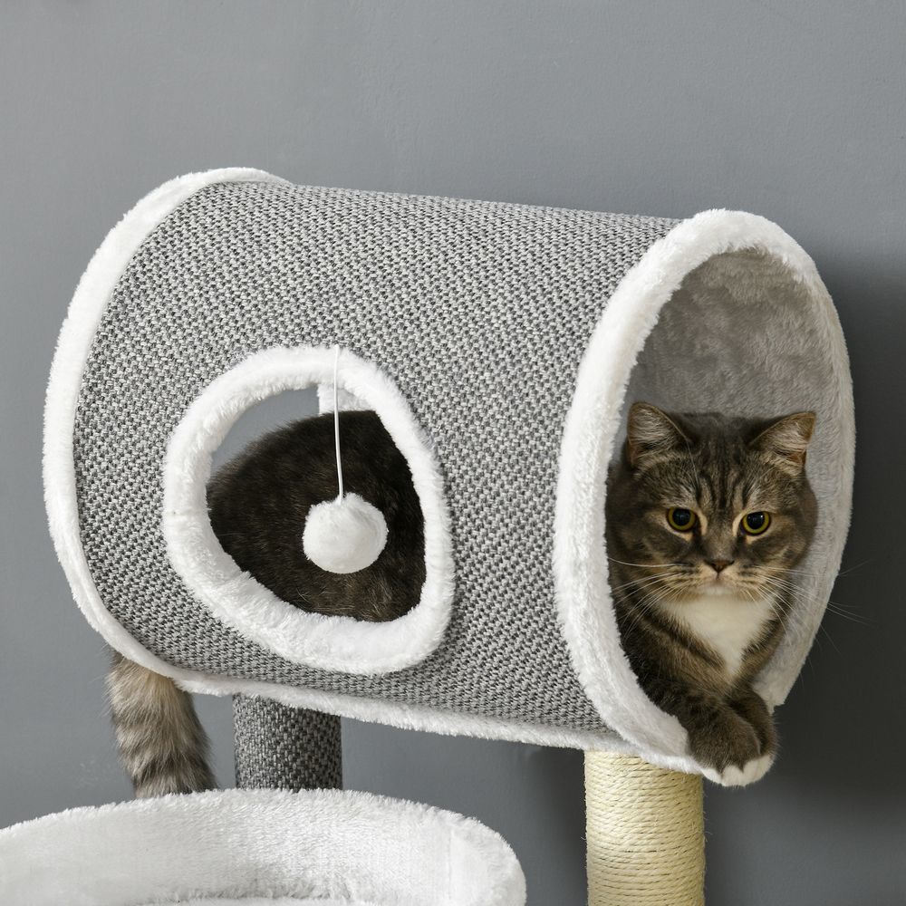 PawHut Cat Tower with Scratching Post, Cat Bed, Tunnel & Toy Ball - White