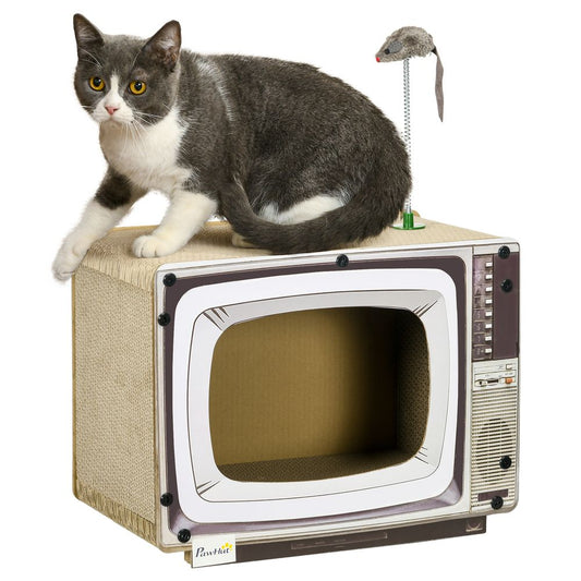 PawHut TV-Shaped Cat House with Scratching Board, Catnip & Toy Mouse - Multi-Coloured