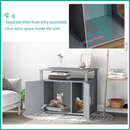 PawHut Wooden Cat Litter Box Enclosure with Adjustable Interior Wall & Storage Shelves - Grey