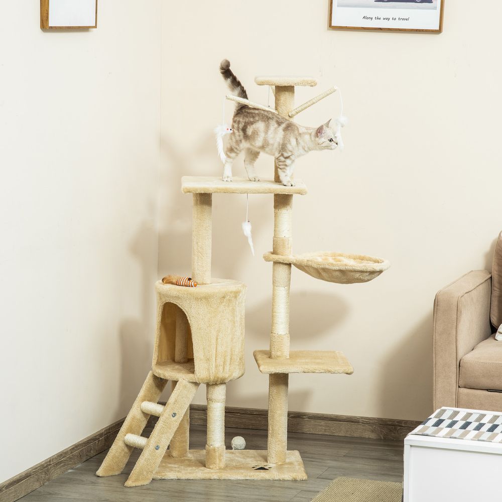 PawHut 131cm Cat Tree Activity Centre with House, Hammock, & Scratching Posts - Beige