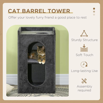 PawHut 81cm Cat Scratching Barrel with Two Cat Houses for Indoor Cats - Grey