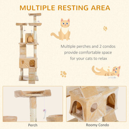 PawHut 170cm Multi-Level Cat Tree with Scratching Posts, Houses, & Toys - Cream