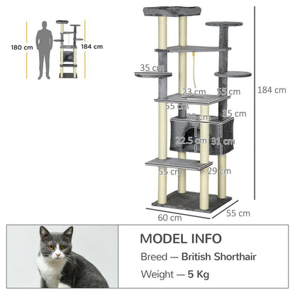 PawHut 184cm Cat Tree for Indoor Cats, Modern Cat Tower with Cat Bed – Grey