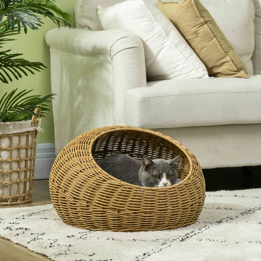 PawHut Wicker Cat House with Washable Cushion - Light Brown