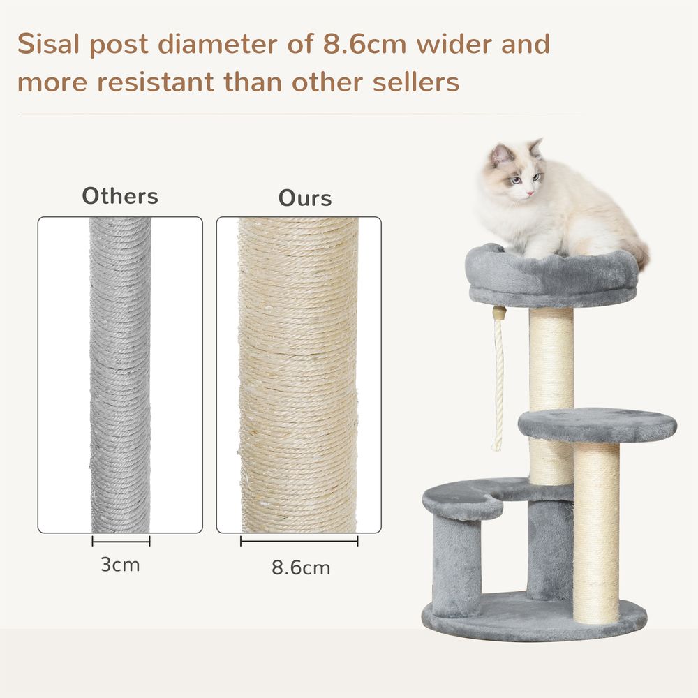 PawHut Cat Tree Scratcher with 2 Perches, Scratching Posts & Hanging Sisal Rope – Grey