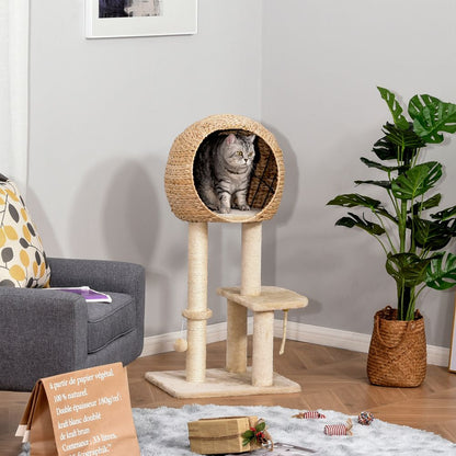 PawHut 100cm Cat Tree Tower with Scratching Post & Hideaway for Indoor Cats, Beige