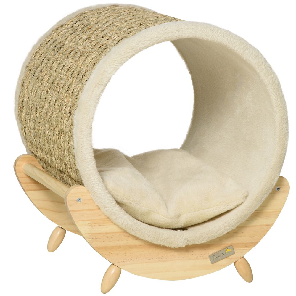 PawHut Elevated Cat House with Scratcher & Cushion - Beige