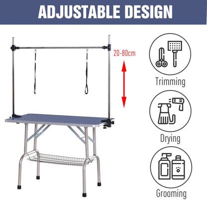 PawHut Adjustable Metal Dog Grooming Table with Non-Slip Rubber Top, Safety Slings & Mesh Tray, Blue