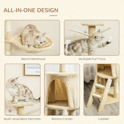 PawHut 131cm Cat Tree Activity Centre with House, Hammock, & Scratching Posts - Beige