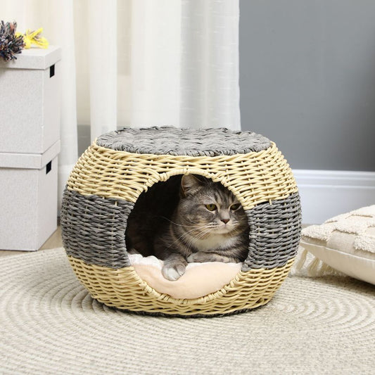 PawHut Wicker Cat House - Rattan Raised Cat Bed with Soft Cushion, 40 x 30cm