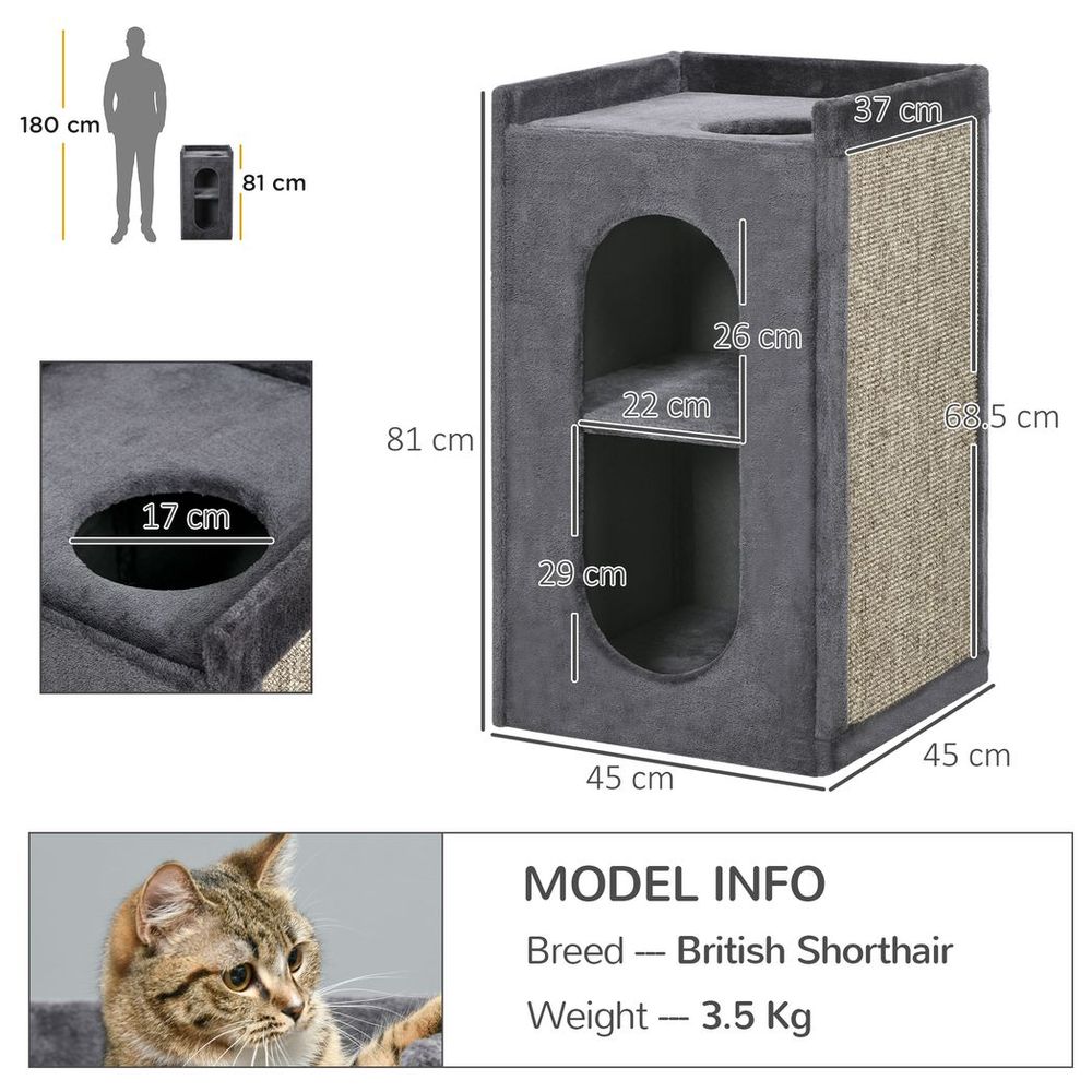 PawHut 81cm Cat Scratching Barrel with Two Cat Houses for Indoor Cats - Grey