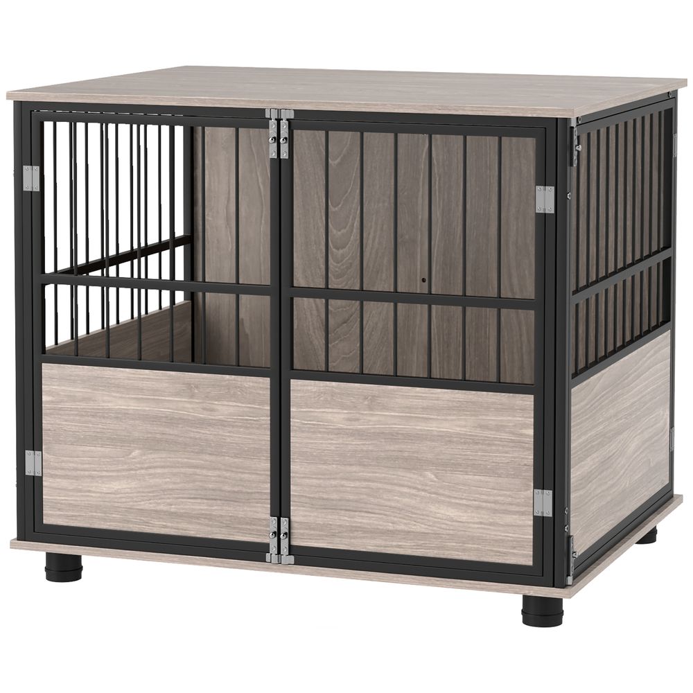 PawHut 80cm Dog Crate Furniture with Cushion & Doors - Side Table Design, Walnut Finish