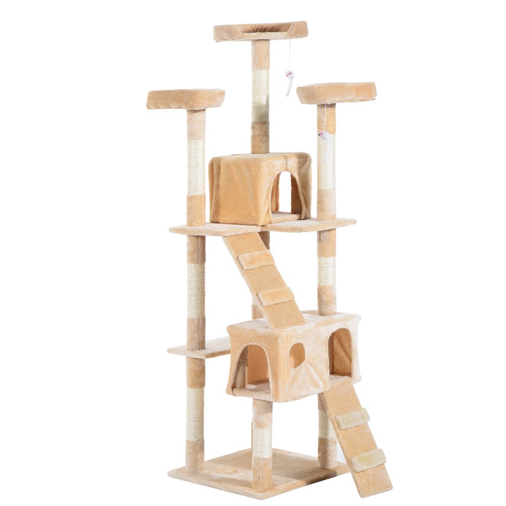 PawHut 170cm Multi-Level Cat Tree with Scratching Posts, Houses, & Toys - Cream