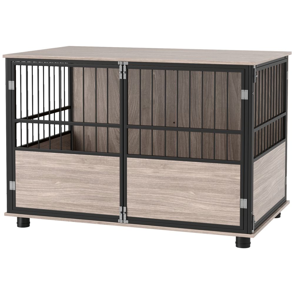 PawHut 80cm Dog Crate Furniture with Cushion & Doors - Side Table Design, Walnut Finish