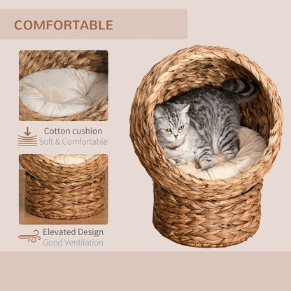 PawHut Wicker Cat House - Raised Cat Bed with Cylindrical Base & Washable Cushion, Brown