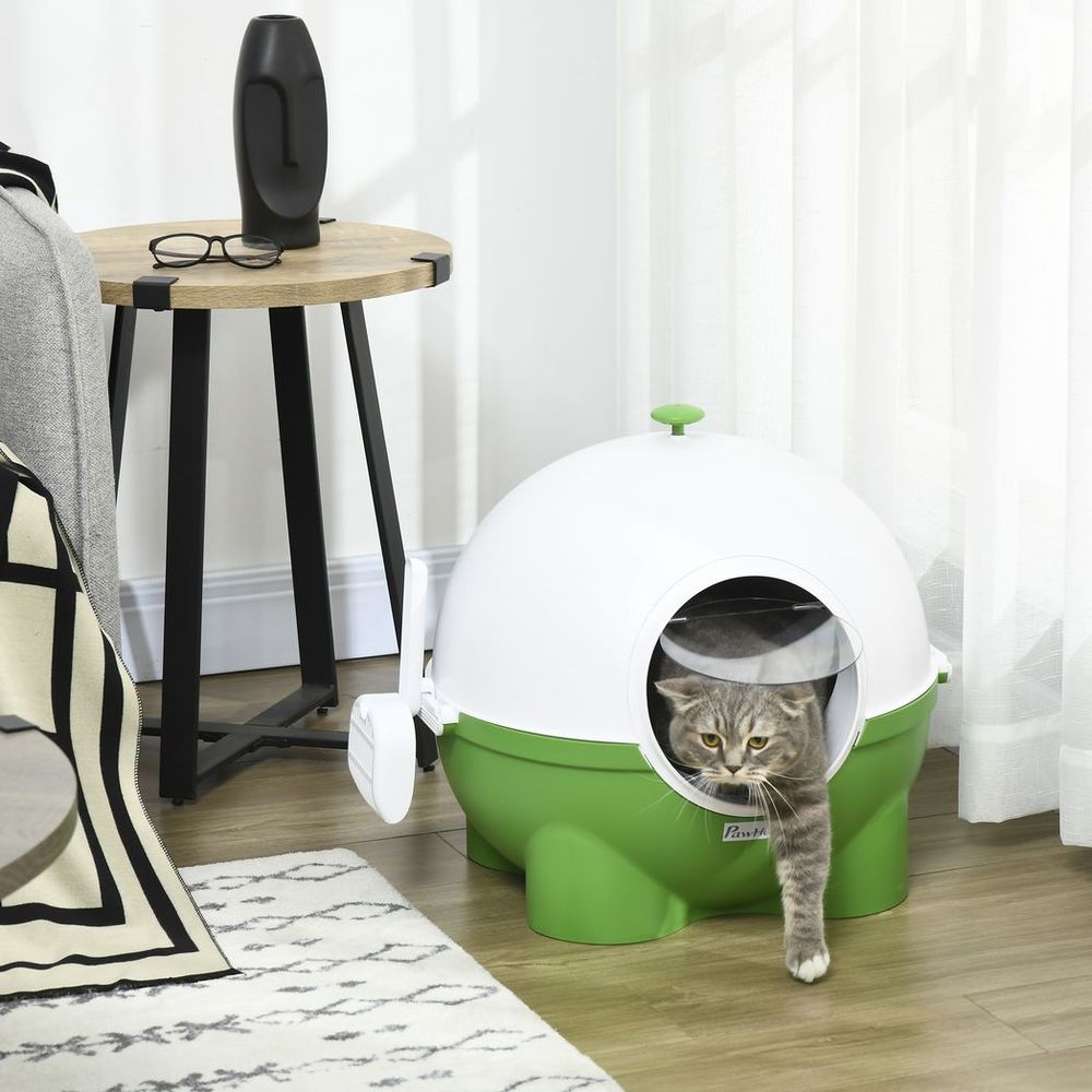 PawHut Large Hooded Cat Litter Box with Scoop - Green & White