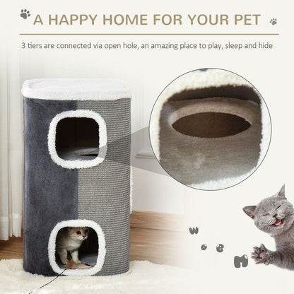 PawHut Cat Barrel Tower with Sisal Scratching Pads & Plush Perch - Grey & White, 74cm