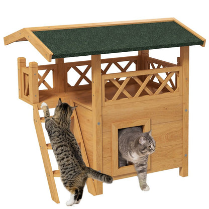 PawHut Outdoor Cat House with Balcony, Stairs & Roof - Natural Wood Finish