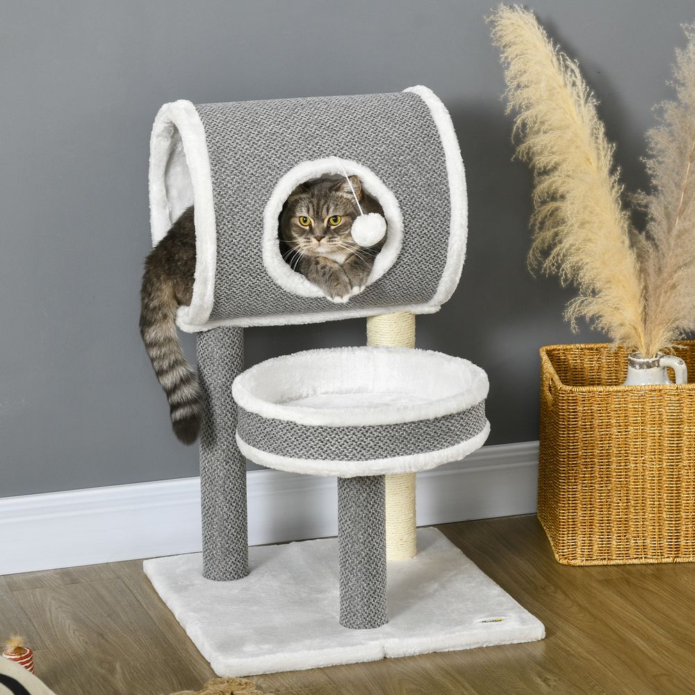 PawHut Cat Tower with Scratching Post, Cat Bed, Tunnel & Toy Ball - White