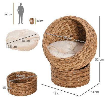 PawHut Wicker Cat House - Raised Cat Bed with Cylindrical Base & Washable Cushion, Brown