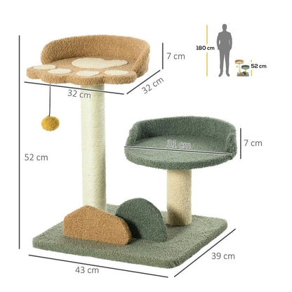 PawHut 52cm Cat Tree for Indoor Cats - Scratching Posts with Two Beds & Toy Ball, Green/Brown/Beige