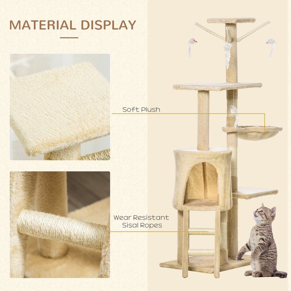 PawHut 131cm Cat Tree Activity Centre with House, Hammock, & Scratching Posts - Beige