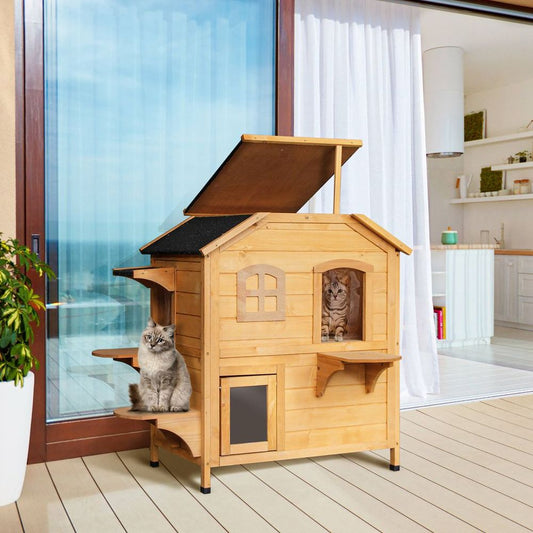 PawHut Wooden Cat House - Two-Level Outdoor Pet Shelter with Doors, Platforms & Openable Roof