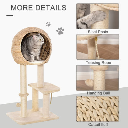 PawHut 100cm Cat Tree Tower with Scratching Post & Hideaway for Indoor Cats, Beige