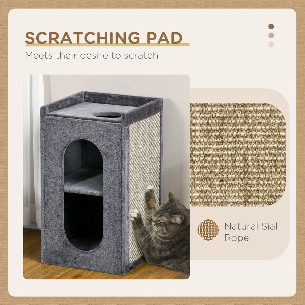 PawHut 81cm Cat Scratching Barrel with Two Cat Houses for Indoor Cats - Grey