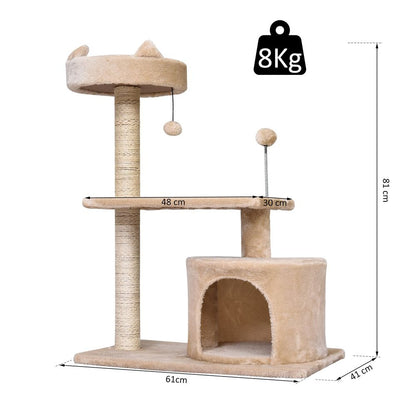 PawHut 81cm 3-Tier Cat Tree Activity Centre with Scratching Post, Hideaway House & Play Balls