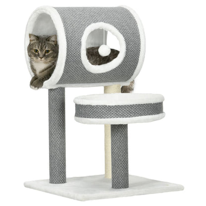 PawHut Cat Tower with Scratching Post, Cat Bed, Tunnel & Toy Ball - White