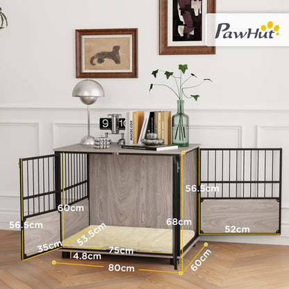 PawHut 80cm Dog Crate Furniture with Cushion & Doors - Side Table Design, Walnut Finish