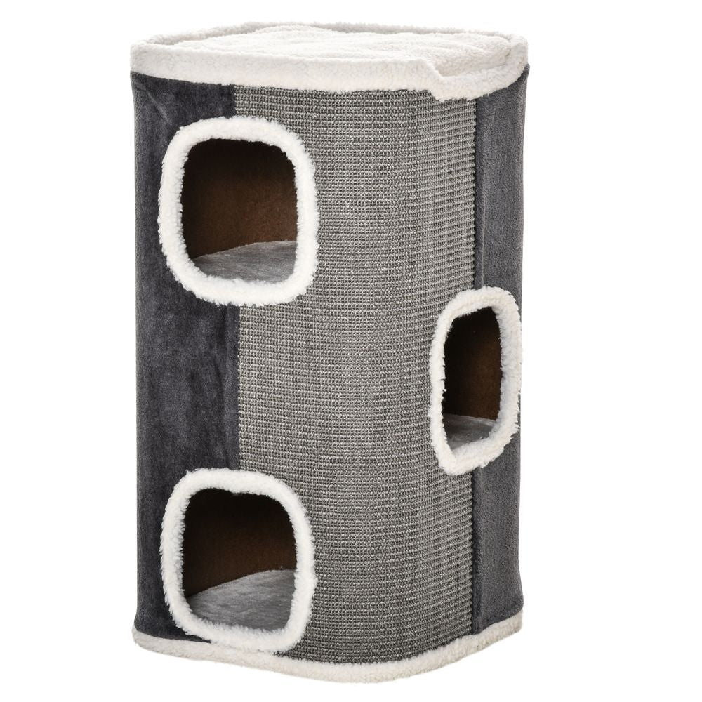 PawHut Cat Barrel Tower with Sisal Scratching Pads & Plush Perch - Grey & White, 74cm